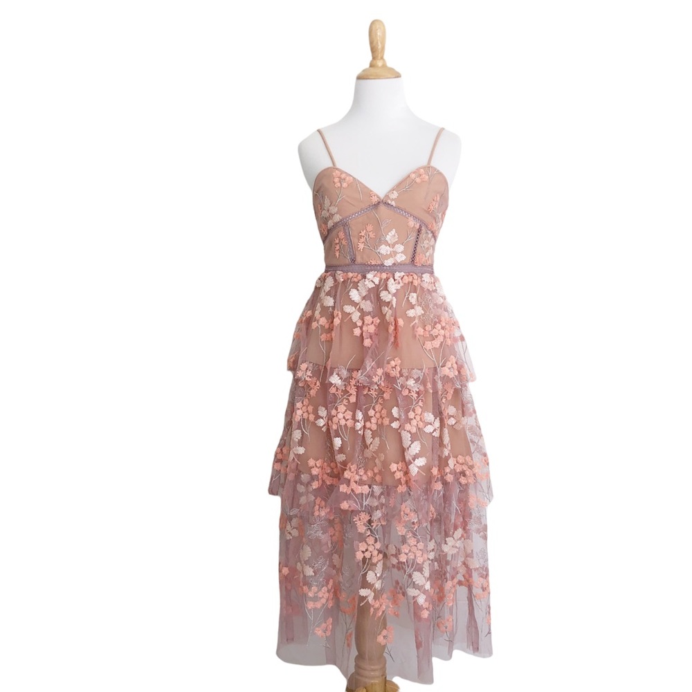 Self-Portrait | Blossom Sequin Floral Mesh Tiered Midi Dress